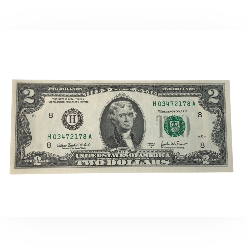 Two Dollar Bill with Green Seal Series 2003A H03472178A Serial Number